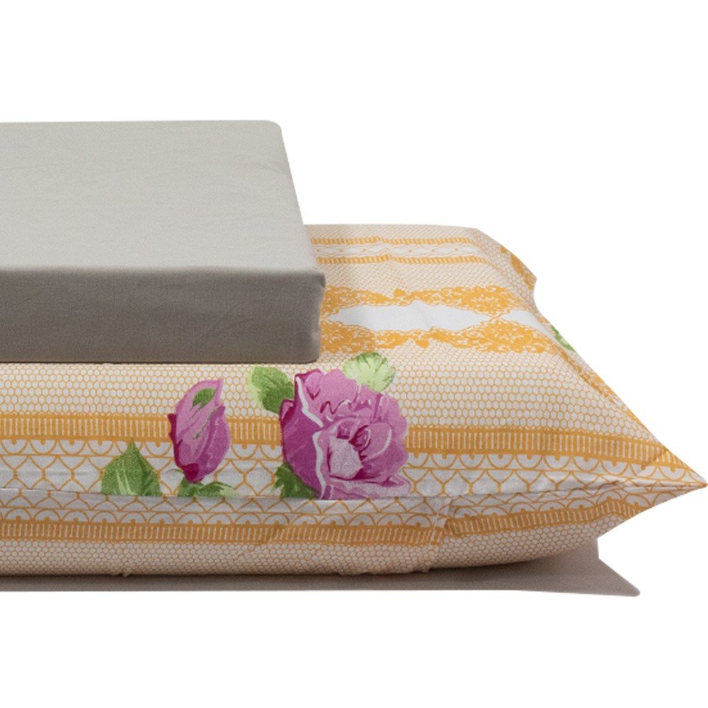 jogo de cama flores e formas laranja lencol cinza 2