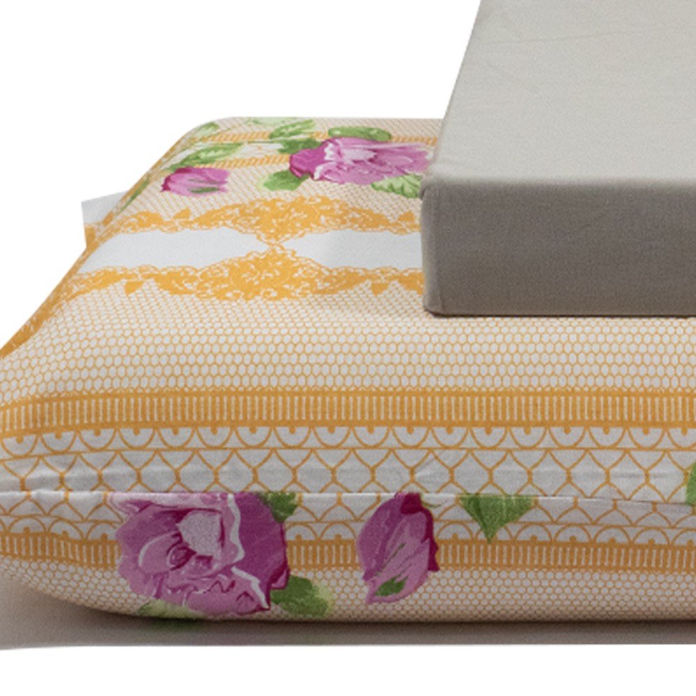 jogo de cama flores e formas laranja lencol cinza 3