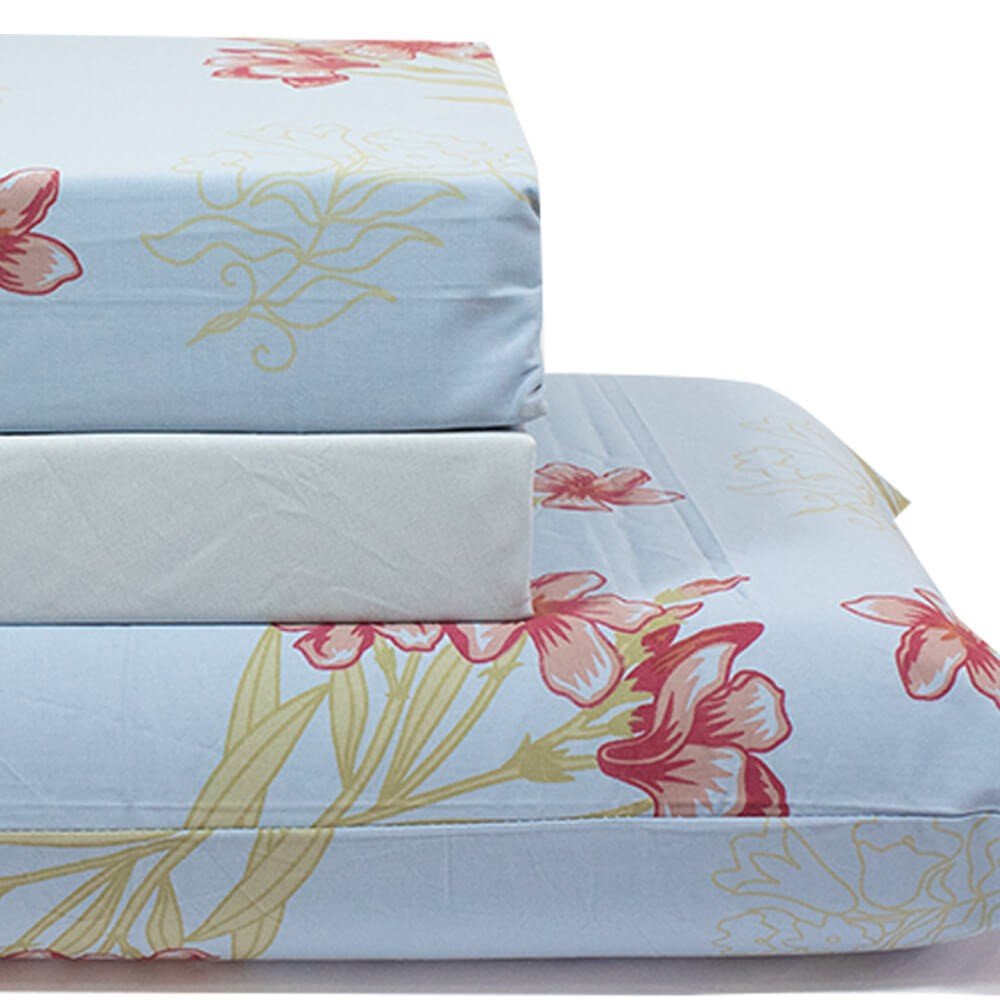 jogo de cama plantas e flores azul lencol azul claro 3