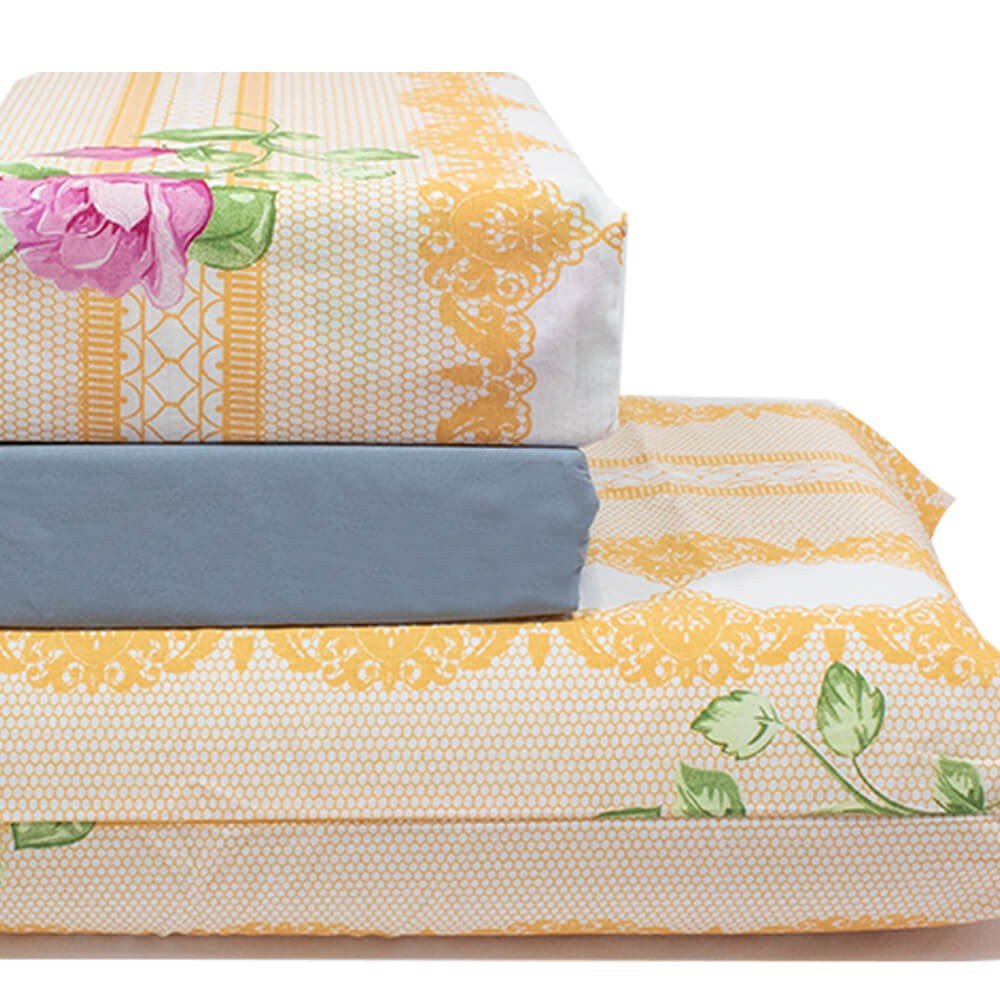jogo de cama plantas flor e desenhos laranja lencol cinza 3