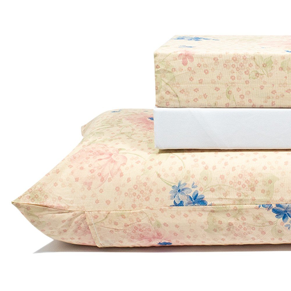 jogo de cama flores bege lencol branco 2