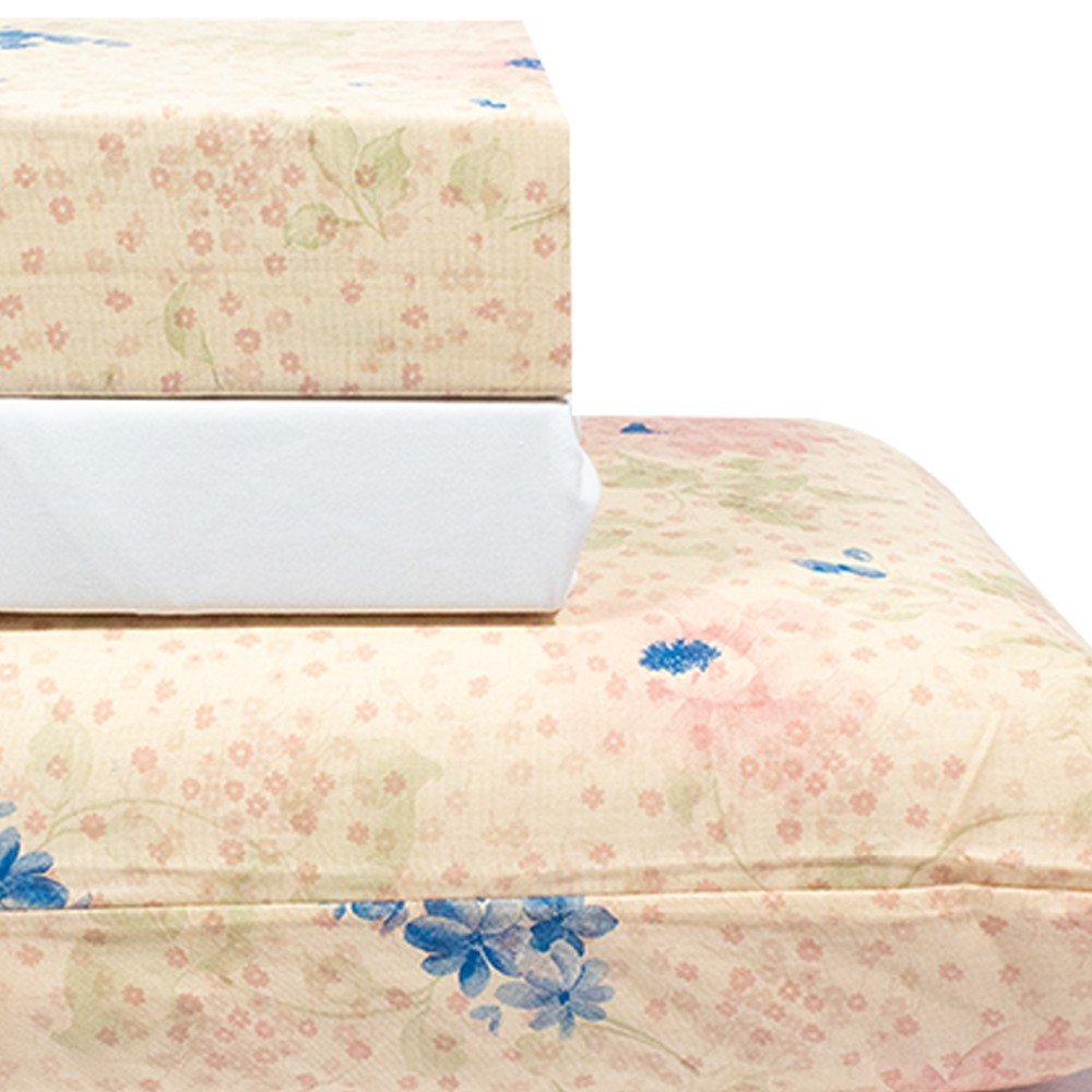 jogo de cama flores bege lencol branco 3