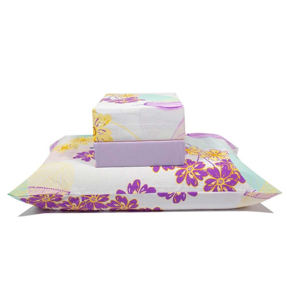 jogo de cama flores e folhas branco lencol lilas 1
