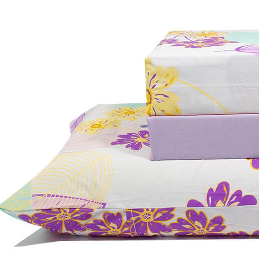 jogo de cama flores e folhas branco lencol lilas 2