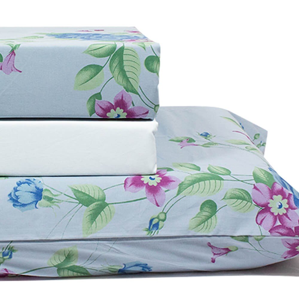 jogo de cama flores azul com lencol azul claro 3