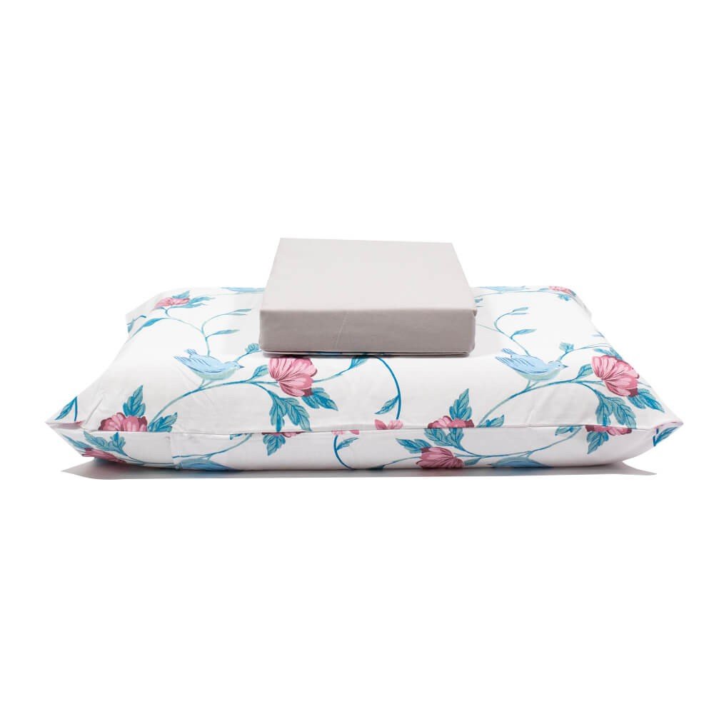 jogo de cama flores e passaro prata