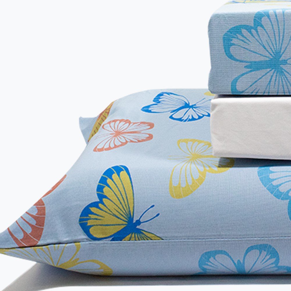 jogo de cama borboletas azul lencol branco 3