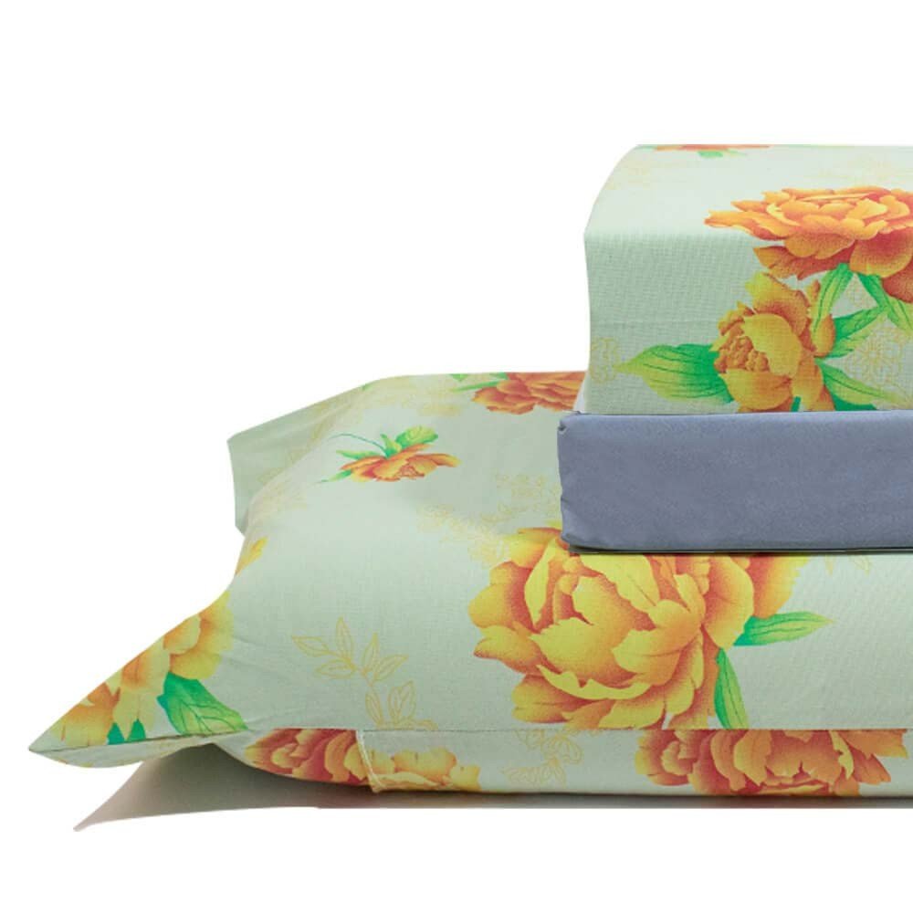 jogo de cama flores verde lencol azul 2